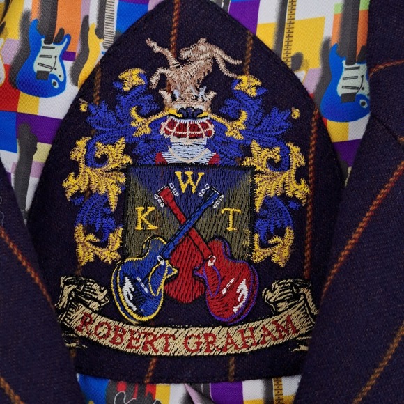 Robert Graham Blazer Mens L Wool Navy Blue Orange Pinstripe Guitar Lining Jacket - Picture 2 of 11